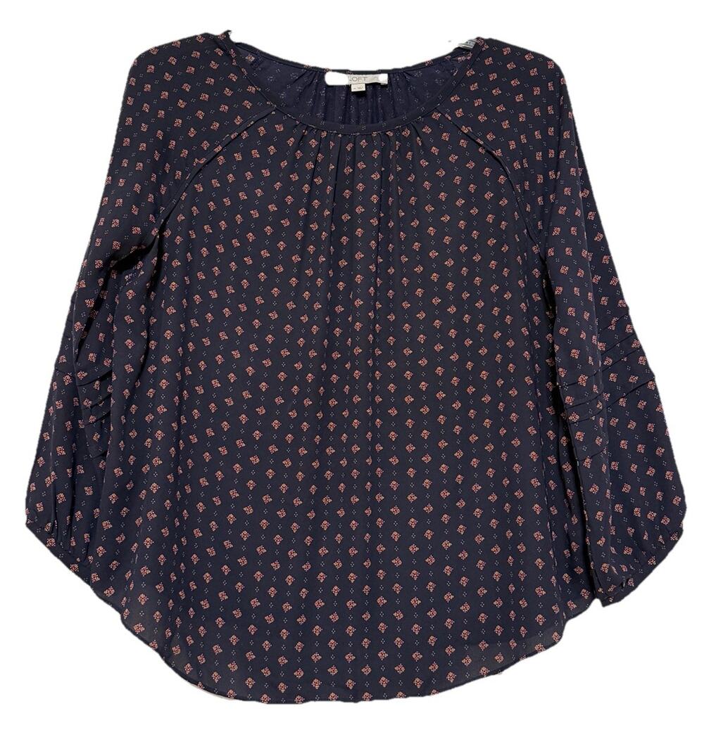 Women's LOFT Blue Printed Flowy Blouse, Size M